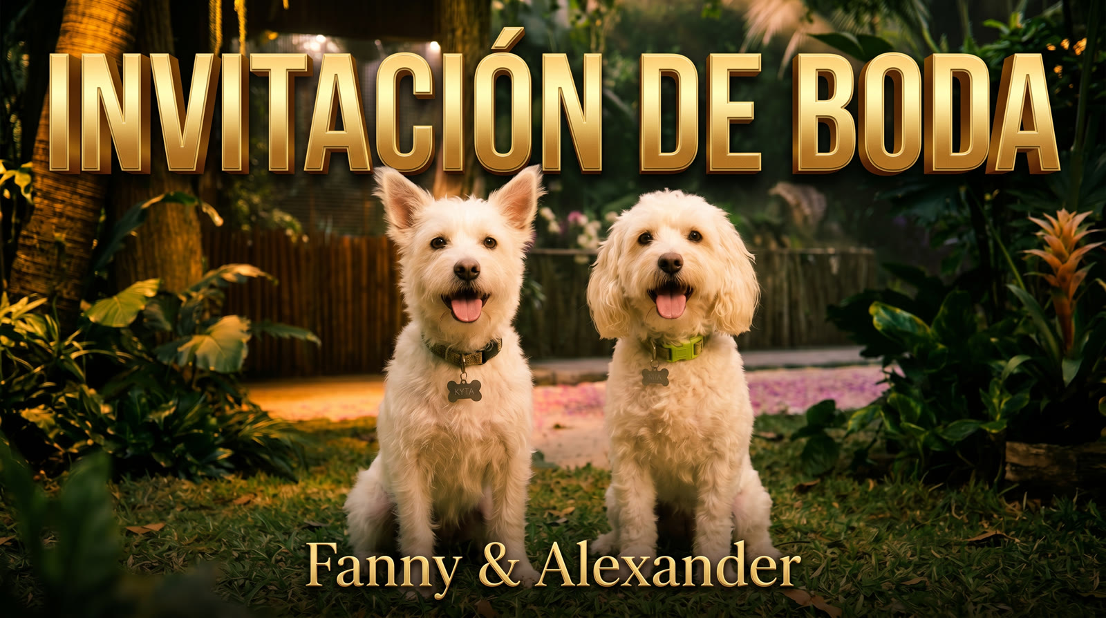 Portada de la invitación: dos perritas en un jardín tropical