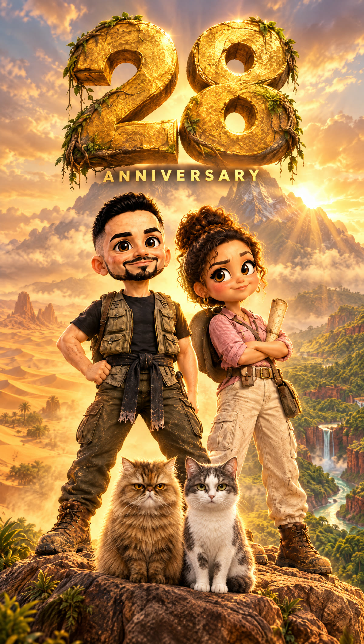 Poster of a chibi couple and their two cats on a cliff