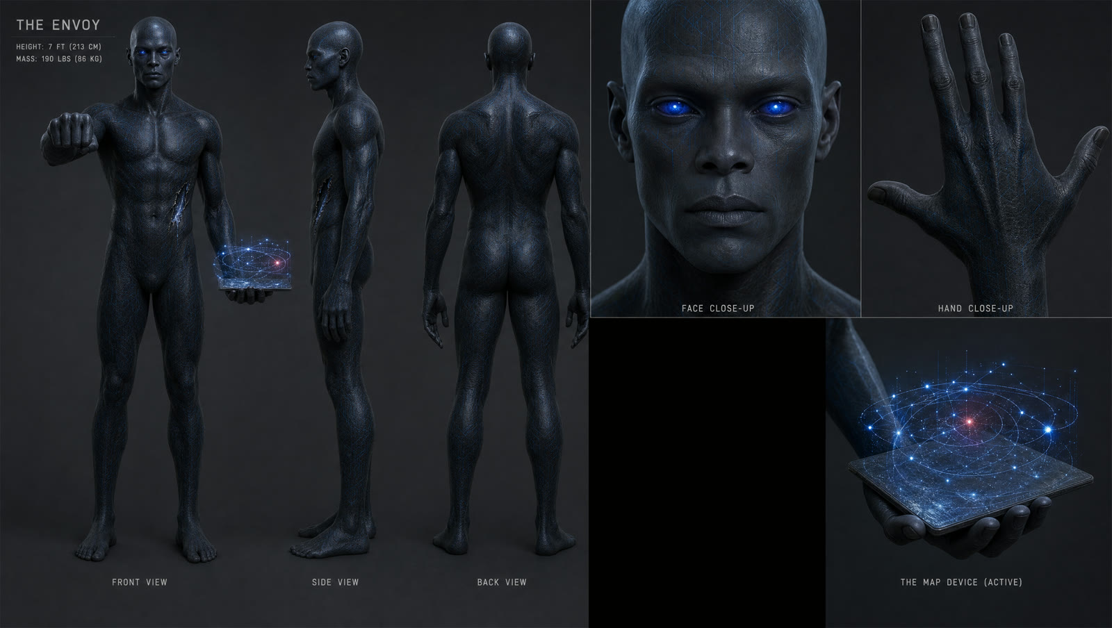 Character sheet of a dark figure with blue eyes