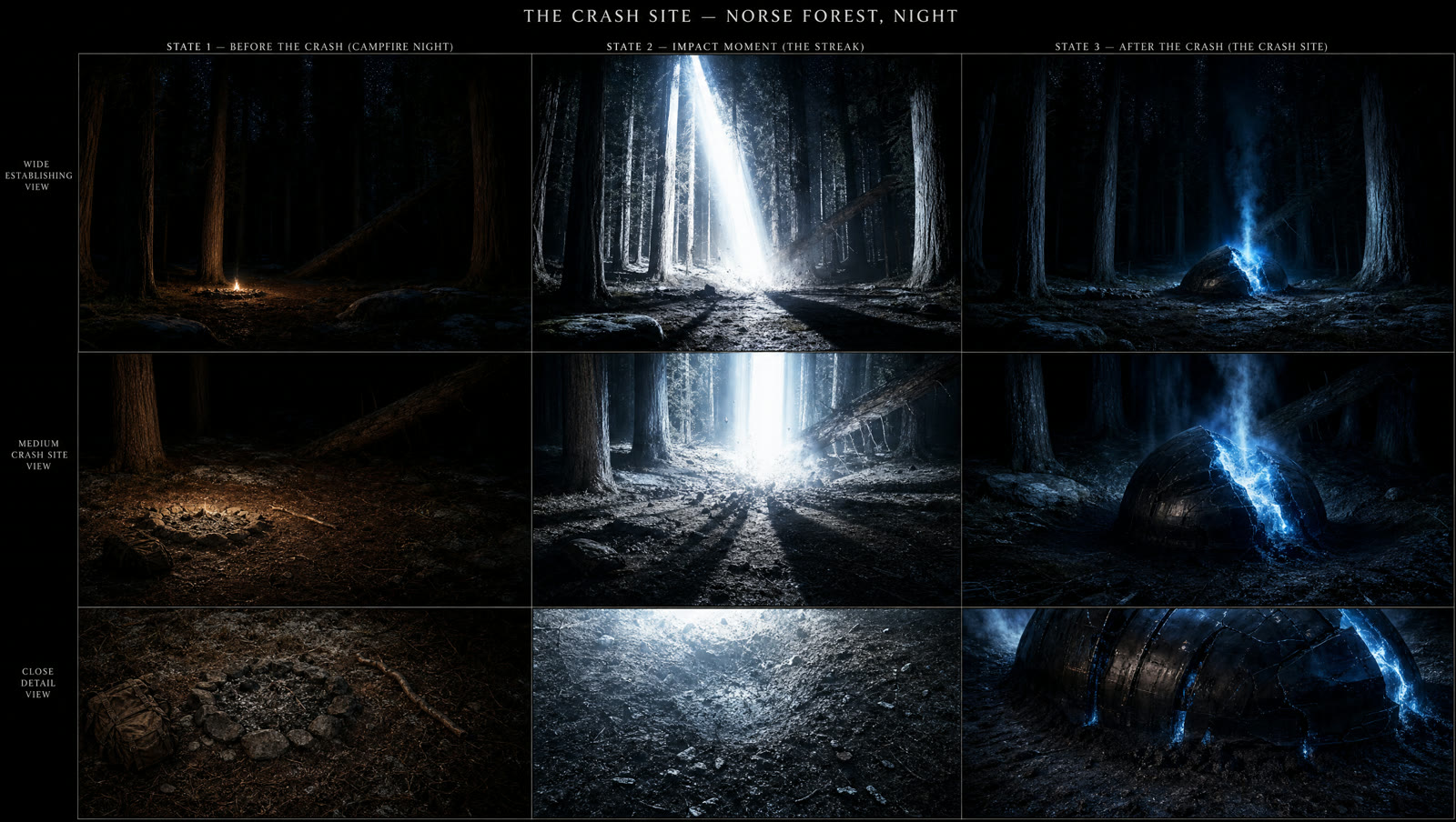 Location plates of a crash site in a Norse forest at night