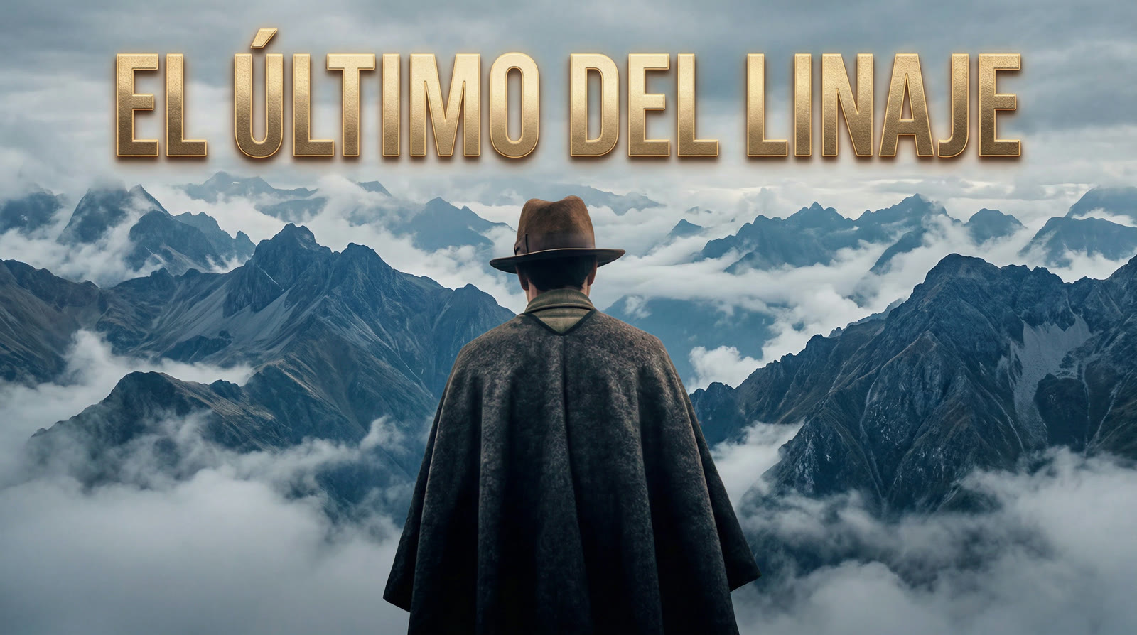 A man in a hat and poncho looks out over cloud-covered mountains