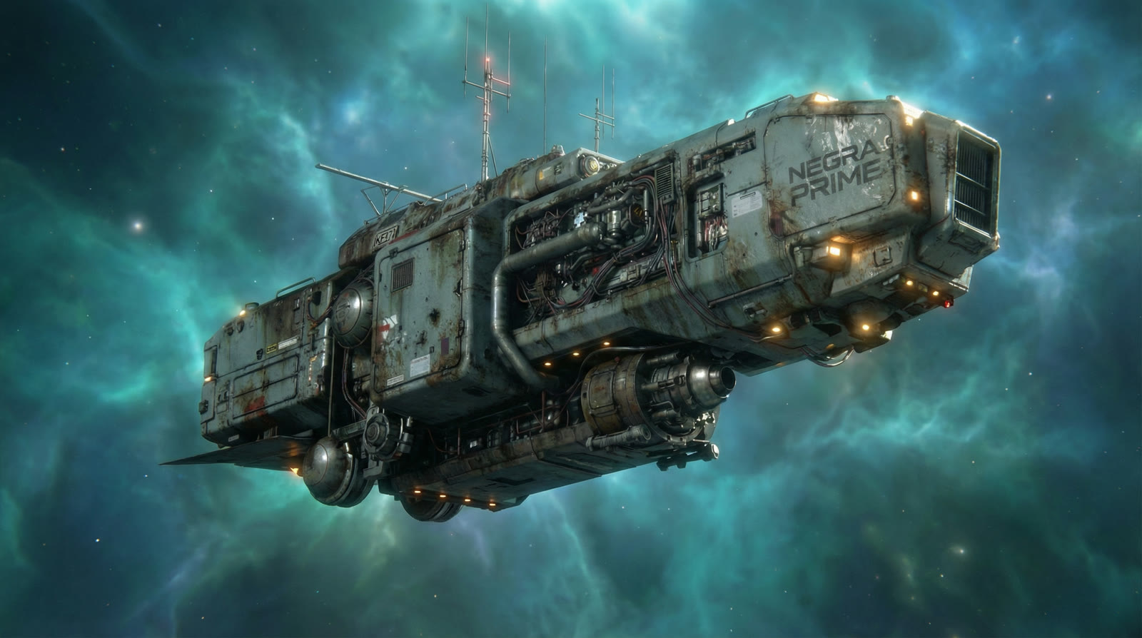 A heavy ship drifting through a green nebula