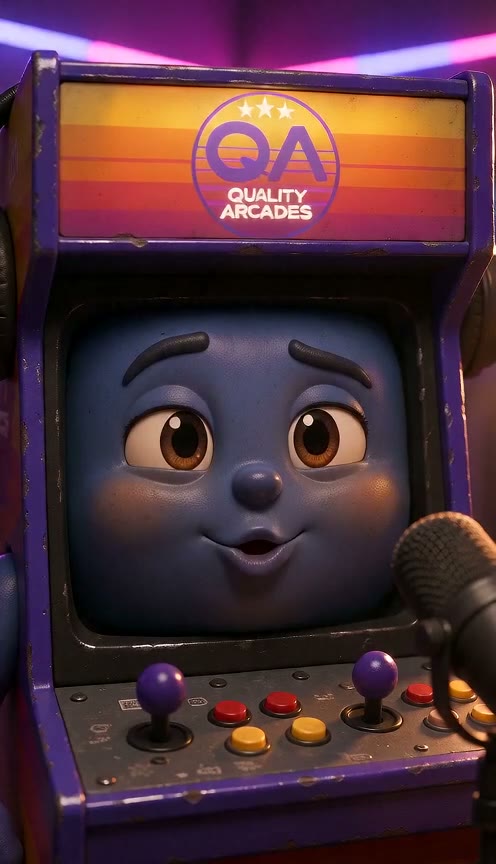 Two arcade cabinet characters hosting a podcast