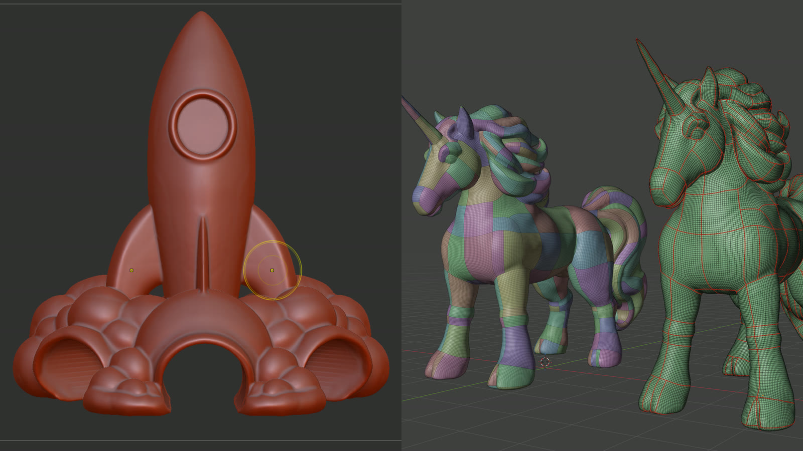 A toy rocket sculpted in ZBrush beside two unicorn figures split into parts